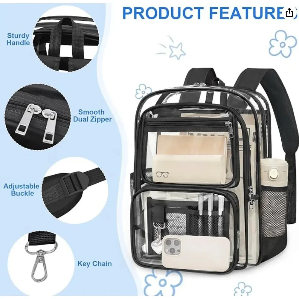 Large Heavy Duty Clear Backpack, Transparent Backpack, Stadium Backpack- Black
